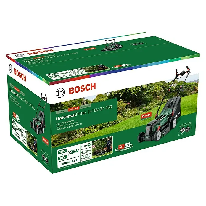 Bosch Power for All 18V Akku-Rasenmäher UniversalRotak 2x18V-37-550 - 18 V, Ohne Akku, Schnittbreite: 37 cm - Das Bild zeigt die Verpackung eines Bosch Universal Rotak 2x18V-37-550 Akku-Rasenmähers, die das Produkt und seine wichtigsten Eigenschaften hervorhebt.