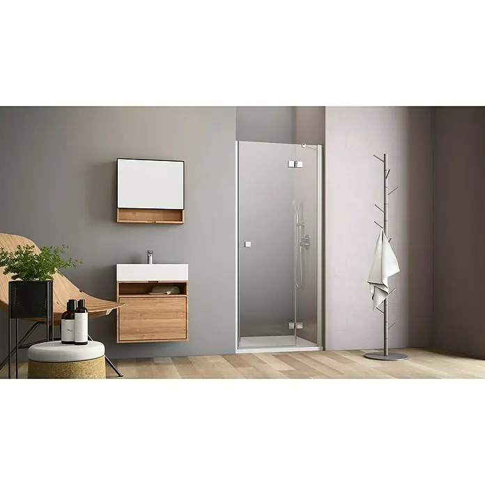 GEO Hit Nischendusche B-N300 - 80 x 200 cm, Beschichtet, Silber, 6 mm, DIN Anschlag: Rechts - Ein modernes Badezimmer mit einer klaren Glasdusche, einem Waschtisch mit Holzfront und einem Spiegel.