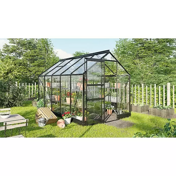 Vitavia Gewächshaus Eris 6200 - Außenmaß inkl. Dachüberstand (B x T): 195 x 323,2 cm, Material Seitenwand: Glas, 3 mm, Schwarz - Stimmungsaufnahme