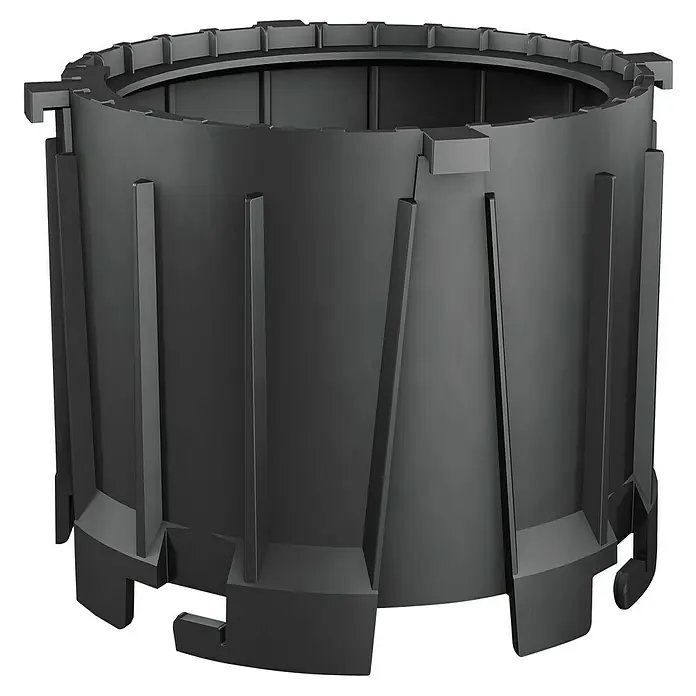 Stelzlager-Adapter Koppler TL-8K - Kunststoff, Passend für: Plattenlager TL8 - Schwarze zylindrische Trommel- oder Behälterkomponente mit komplizierten strukturellen Details und einem einzigartigen Design.