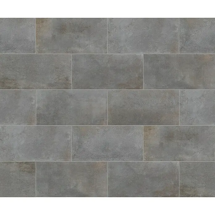 Feinsteinzeugfliese Metallbeton - 30 x 60,4 cm, Hellgrau, Matt - Nahaufnahme von dunkelgrauen rechteckigen Keramikfliesen mit subtilen Texturen und Mustern für moderne Innenräume.