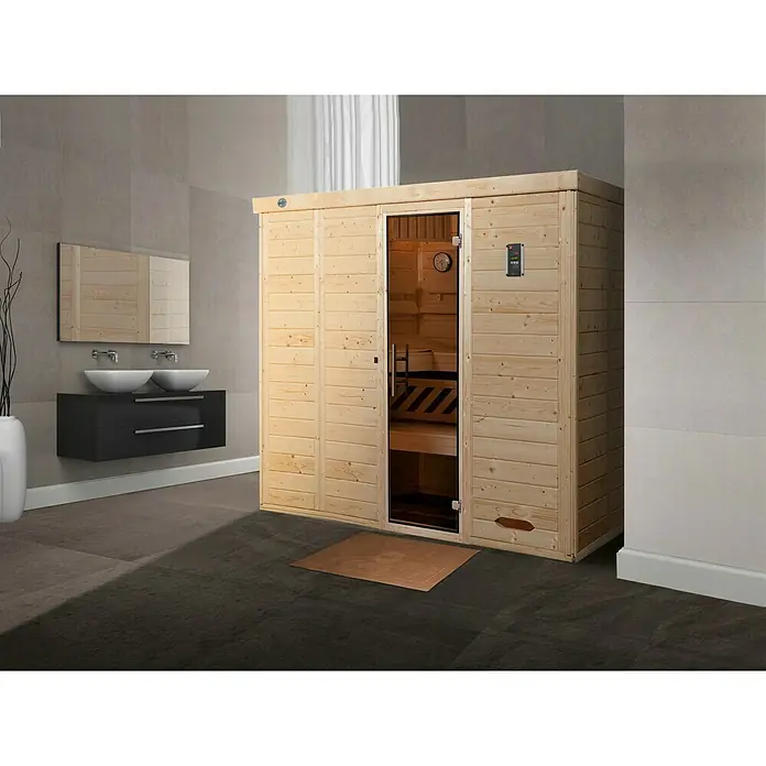 Weka Massivholzsauna KEMI 5 GT - L x B x H: 193 x 245 x 199 cm - Holzsauna im Badezimmer mit Glasfront und Bedienelementen. Eine moderne Ergänzung für Ihr Wellness-Erlebnis zu Hause.