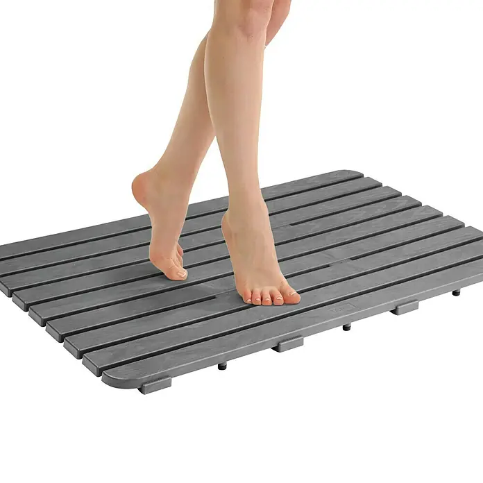 Tatay Tarima de baño - L x An: 50 x 80 cm, Antracita, Polipropileno - Una elegante alfombra de baño de listones de madera gris que proporciona una base segura y cómoda en el baño.
