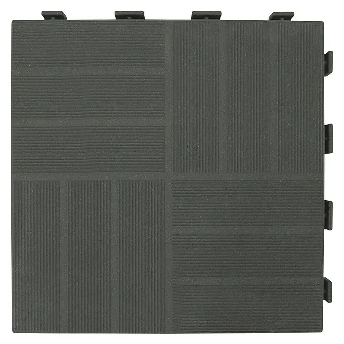 Klickfliese Mixtile - WPC, 40 x 40 x 4,5 cm, Anthrazit, 1 Stk. - Das Bild zeigt eine graue, quadratische Verbundfliese mit horizontaler und vertikaler Rillenstruktur, die für Bodenbeläge geeignet ist.