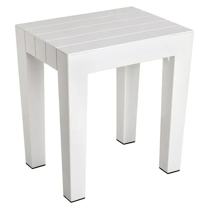 Tatay Taburete para baño Lombok - L x An x Al: 29 x 38 x 415 cm, Plástico, Cuadrado, Blanco - Una mesa auxiliar blanca con un diseño de listones y cuatro patas cuadradas. El mueble tiene un aspecto sencillo y moderno.