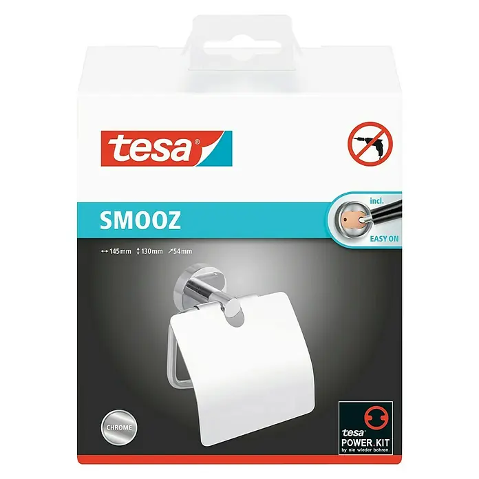 Tesa Smooz Toilettenpapierhalter - Mit Deckel, Chrom, Glänzend - Verpackung einer Tesa SMOOZ Toilettenpapierhalterung aus Chrom zur Wandmontage ohne Bohren.
