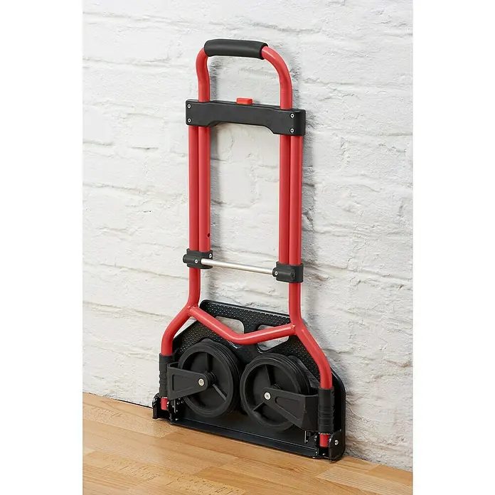 Carretilla de transporte plegable - Capacidad de carga: 60 kg, Aluminio - Carrito de equipaje compacto y plegable en rojo y negro, ideal para viajes y compras. Práctico y ahorra espacio.