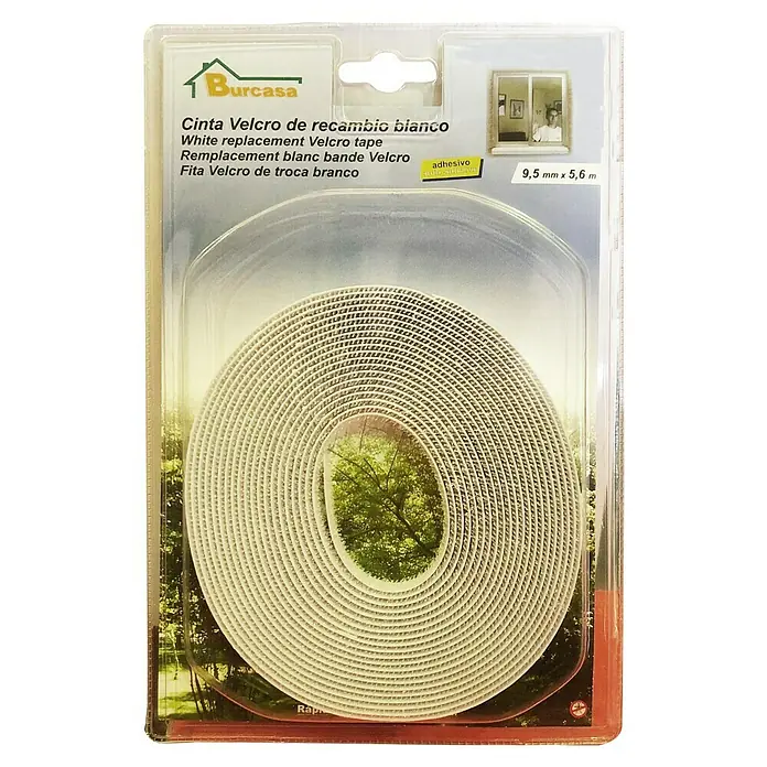 Cinta para mosquitera de recambio - Largo: 5,6 m, Blanco - Rollo de cinta de velcro blanca de repuesto de Burcasa. Solución práctica de 9,5 mm x 5,6 m, autoadhesiva para una fácil aplicación.