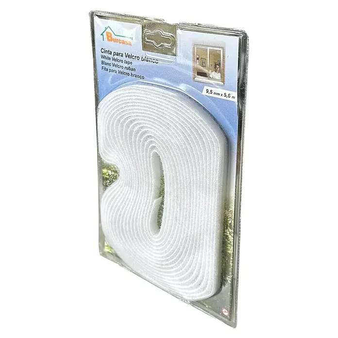 Cinta para mosquitera de recambio - Largo: 5,6 m, Blanco - Un rollo de cinta de velcro blanca Durcasa, de 9,5 mm de ancho y 5,6 m de largo, en un paquete transparente.