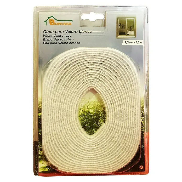 Cinta para mosquitera - Largo: 9,5 m, Blanco - Un rollo de cinta de velcro blanca Burcasa, ideal para sujetar objetos en la casa.