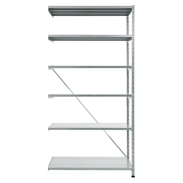 Scholz Metallregal Anbauelement - Höhe: 228 cm, B x T: 101 x 20 cm, Traglast pro Boden: 70 kg, Anzahl Böden: 6 Stk., Stecken, Silber - Detailaufnahme eines grauen Metallregals mit mehreren Ebenen, ideal für Lagerung und Organisation.