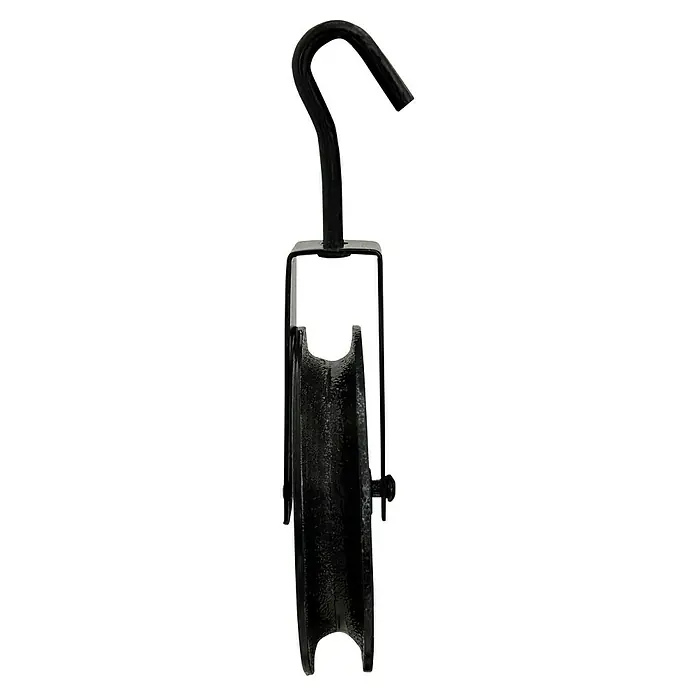 Polea elevadora - Carga soportada: 180 kg, Metal - Polea negra con gancho para cargas pesadas. Una herramienta robusta para levantar y mover objetos en el taller y el almacén.