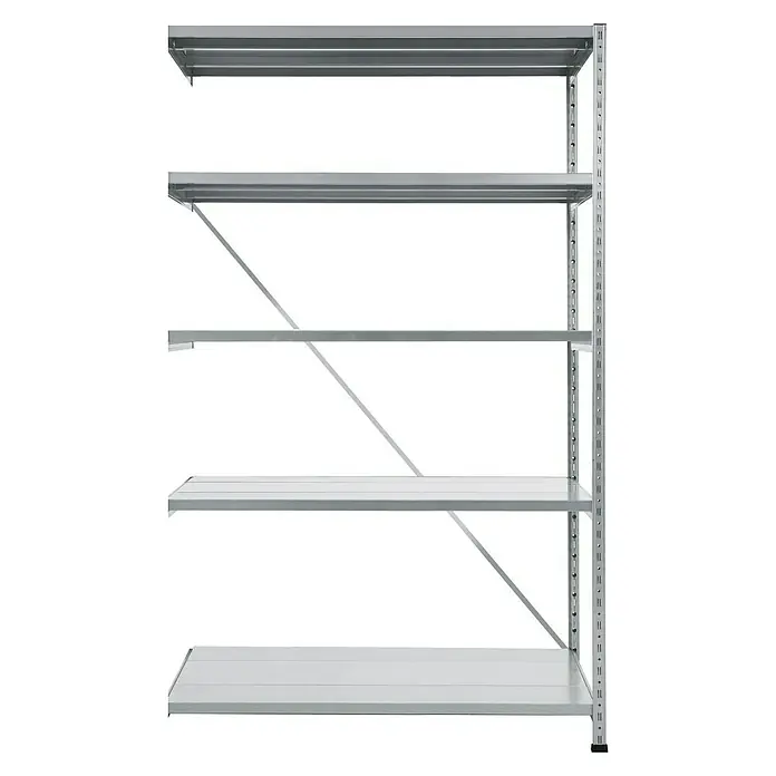 Scholz Metallregal Anbauelement - Höhe: 192 cm, B x T: 101 x 30 cm, Traglast pro Boden: 100 kg, Anzahl Böden: 5 Stk., Stecken, Silber - Ein graues Metallregal mit fünf Ebenen, die durch eine Stange an der Wand befestigt sind. Ideal zur Aufbewahrung.