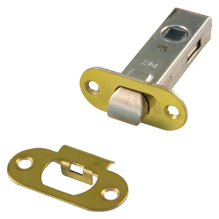 Resbalón 8-45 redondo latón - Apto para: Puertas de madera, Sin cerradura - Primer plano de un pestillo tubular y una placa de cerradero, el pestillo de la puerta es de metal y la placa de cerradero es dorada con agujeros para tornillos.