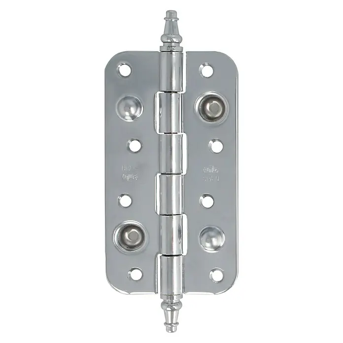 Bisagra 566 - 150 x 82 x 14 mm, Cromo, 1 ud. - Imagen de una bisagra de puerta pulida con terminales decorativos y orificios para tornillos avellanados.