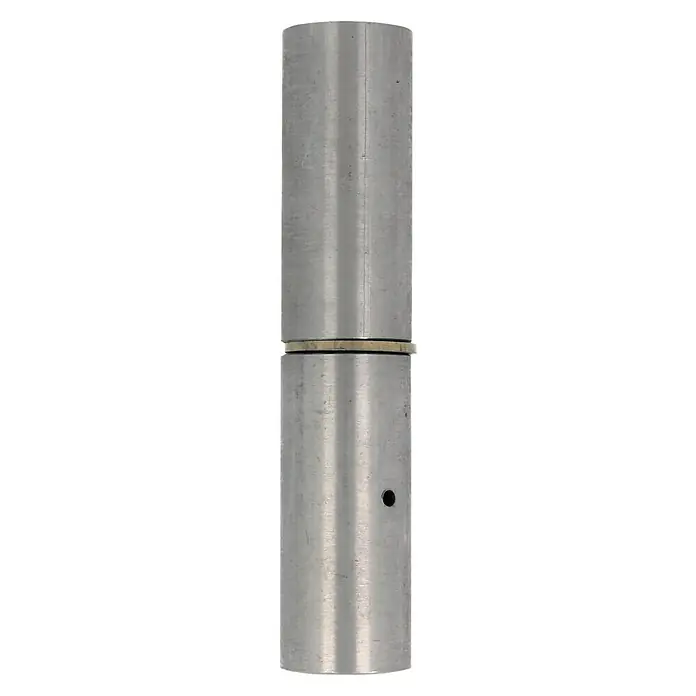 Pernio bisagra 3P - An x Al: 22 x 140 mm - Primer plano de una funda metálica cilíndrica de dos partes con un anillo dorado en el centro y una pequeña abertura en la parte inferior.