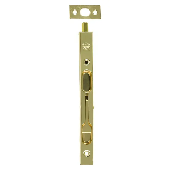 Pestillo con bloqueo de embutir - 200 x 17 mm - Un pestillo de embutir color latón con una placa de picaporte a juego, adecuado para puertas interiores y mejorar la privacidad.