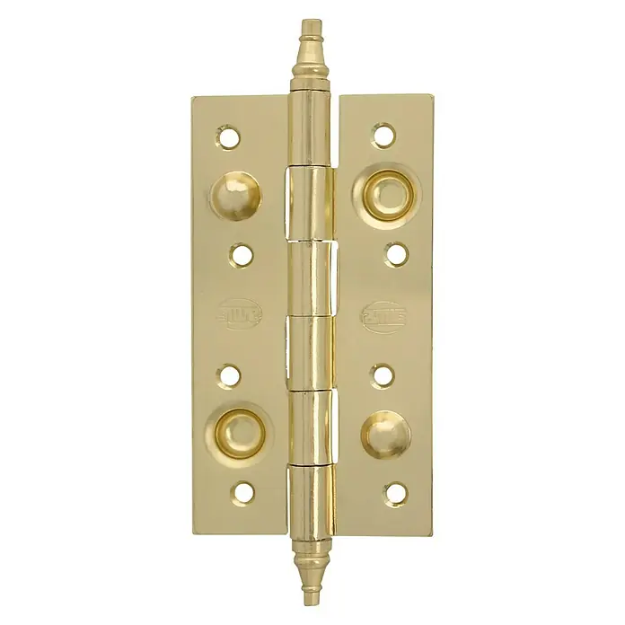 Bisagra mod. 561 - 150 x 80 x 3 mm, Latón, 1 ud. - Imagen de una bisagra de puerta dorada brillante con tapas decorativas y orificios para tornillos, ideal para una instalación de puerta elegante.