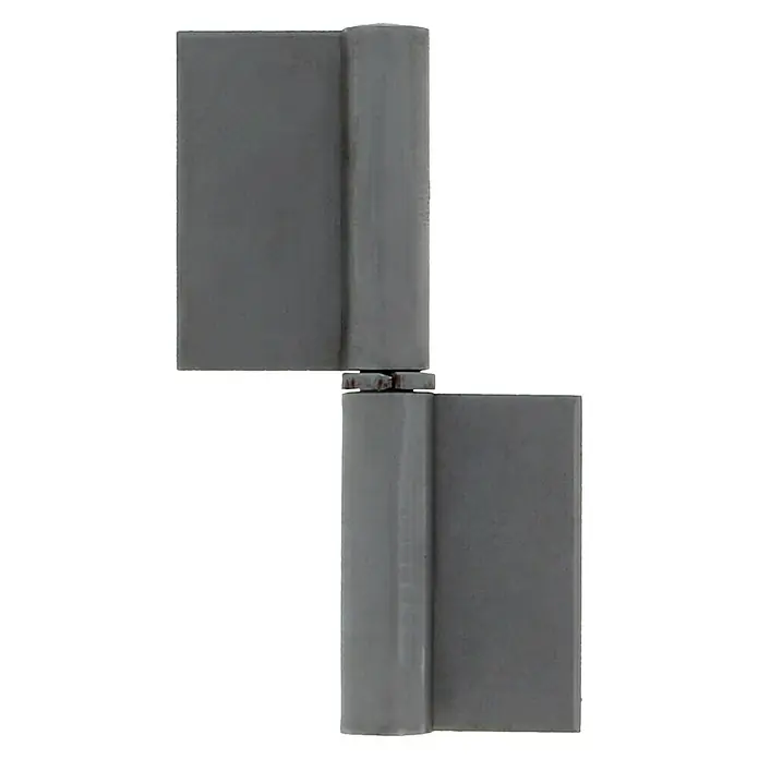 Pernio bisagra 1P - L x An: 80 x 10 mm, Izquierda - Primer plano de una bisagra de puerta gris, parcialmente abierta mostrando su diseño robusto. Ideal para puertas pesadas.
