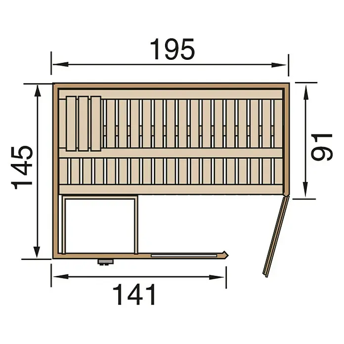 Weka Massivholzsauna Cubilis 1 GTF - Ohne Ofen, L x B x H: 145 x 195 x 205 cm - Draufsicht der Saunagrundfläche mit Maßangaben. Das Saunadesign verfügt über zwei Sitzreihen und einen separaten Eingangsbereich.