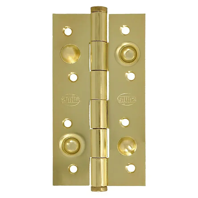 Bisagra mod. 565 - 150 x 80 x 3 mm, Oro, 1 ud. - Primer plano de una bisagra dorada de puerta con bordes redondeados y orificios para tornillos visibles para un montaje seguro.