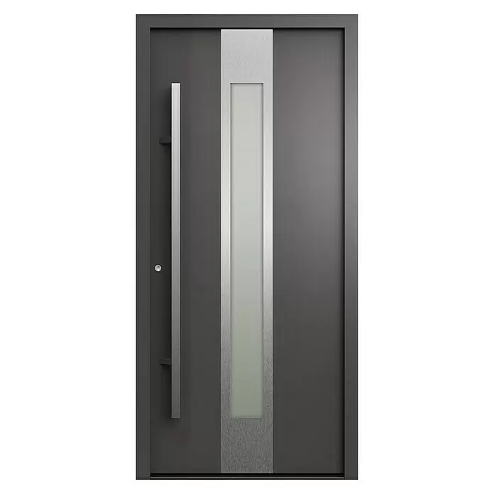 Gerda Haustür Thermo Prime 75 Hanover - 100 cm x 210 mm, DIN Anschlag: Links, Anthrazitgrau, Details in Edelstahl - Moderne anthrazitfarbene Haustür mit gebürstetem Metallgriff und mattierter Glaseinlage.