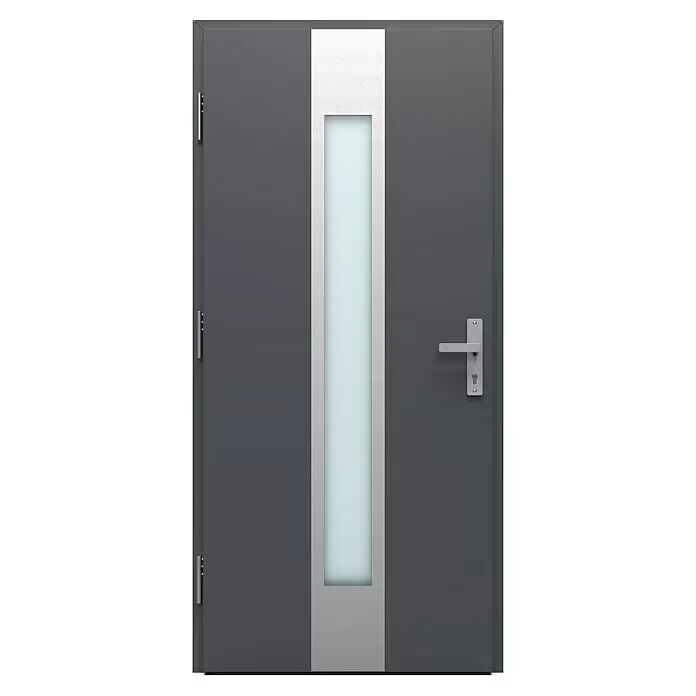 Gerda Haustür Thermo Prime 75 Hanover - 100 cm x 210 mm, DIN Anschlag: Links, Anthrazitgrau, Details in Edelstahl - Dunkelgraue moderne Eingangstür mit vertikalem Milchglaseinsatz, gerahmt von gebürstetem Silbermetall, mit silbernem Griff.