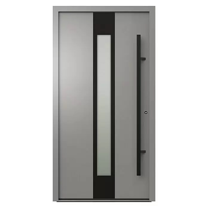 Gerda Haustür Thermo Prime 75 Hanover - 110 cm x 210 mm, DIN Anschlag: Rechts, Grau, Schwarze Details - Moderne graue Eingangstür mit schwarzem vertikalem Paneel, Milchglaseinsatz und langem schwarzem Griff.