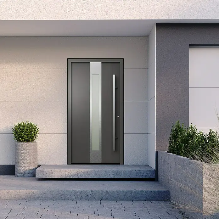 Gerda Haustür Thermo Prime 75 Hanover - 100 cm x 210 mm, DIN Anschlag: Rechts, Anthrazitgrau, Details in Edelstahl - Moderne Haustür mit Glasakzenten und langem, geradlinigem Griff in einem hellen Eingangsbereich. Elegantes Design für ein stilvolles Zuhause.