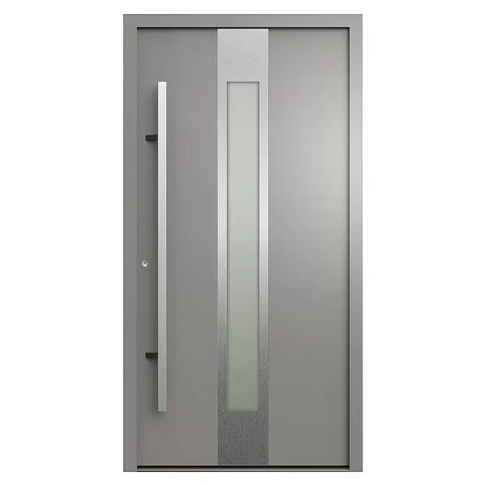 Gerda Haustür Thermo Prime 75 Hanover - 110 cm x 210 mm, DIN Anschlag: Links, Grau, Details in Edelstahl - Moderne graue Tür mit langem gebürstetem Metallgriff und vertikaler Milchglasscheibe.