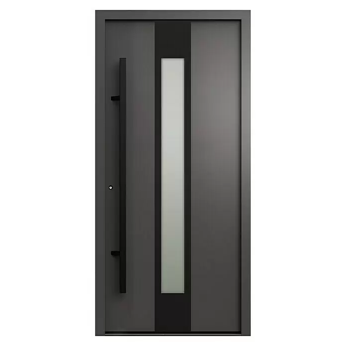 Gerda Haustür Thermo Prime 75 Hanover - 100 cm x 210 mm, DIN Anschlag: Links, Anthrazitgrau, Schwarze Details - Dunkelgraue moderne Haustür mit Milchglaseinsatz und schwarzem Stangengriff.