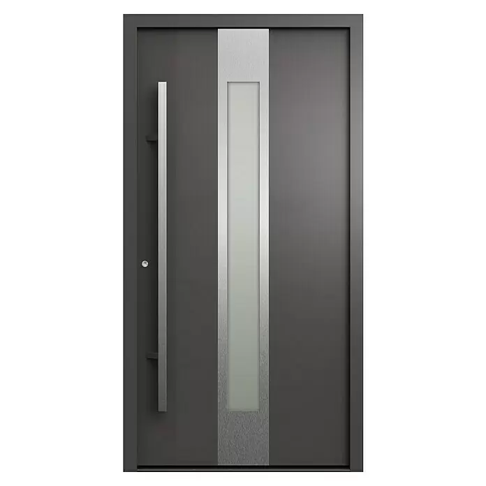 Gerda Haustür Thermo Prime 75 Hanover - 110 cm x 210 mm, DIN Anschlag: Links, Anthrazitgrau, Details in Edelstahl - Moderne dunkelgraue Haustür mit Griff aus gebürstetem Metall und vertikalem Milchglasfeld.