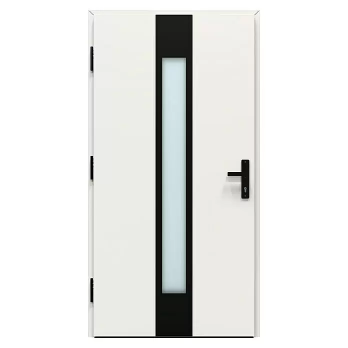 Gerda Haustür Thermo Prime 75 Hanover - 110 cm x 210 mm, DIN Anschlag: Links, Weiß, Schwarze Details - Weiße moderne Tür mit zentralem schwarzem vertikalem Paneel, transluzentem Glaseinsatz und schwarzem Griff.