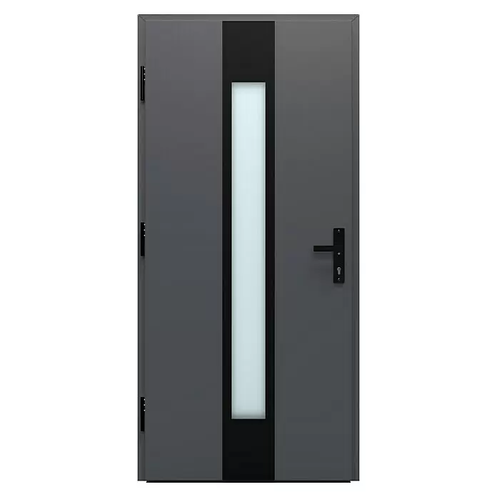 Gerda Haustür Thermo Prime 75 Hanover - 100 cm x 210 mm, DIN Anschlag: Links, Anthrazitgrau, Schwarze Details - Moderne graue Tür mit vertikalem schwarzem Streifen und mattem Glaseinsatz, schwarzem Griff.