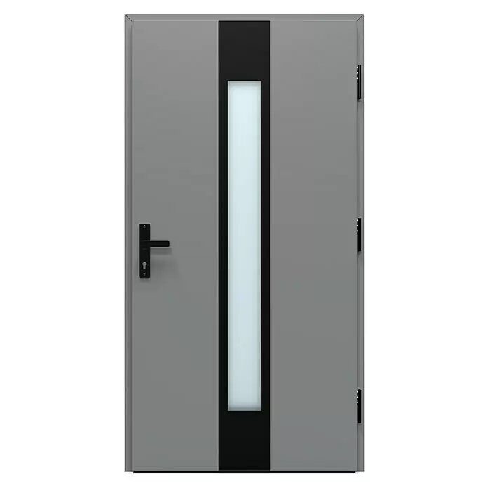 Gerda Haustür Thermo Prime 75 Hanover - 110 cm x 210 mm, DIN Anschlag: Rechts, Grau, Schwarze Details - Moderne graue Tür mit vertikalem schwarzem Einsatz und transluzentem Glaseinsatz, schwarzem Griff und Scharnieren.