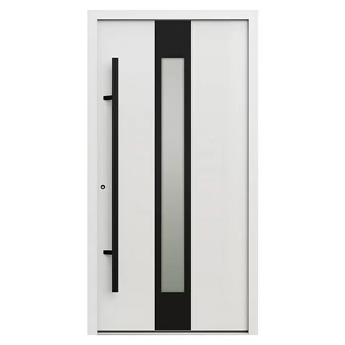 Gerda Haustür Thermo Prime 75 Hanover - 110 cm x 210 mm, DIN Anschlag: Links, Weiß, Schwarze Details - Moderne weiße Eingangstür mit schwarzem Vertikalpaneel, Glaseinsatz und langem schwarzem Stangengriff.