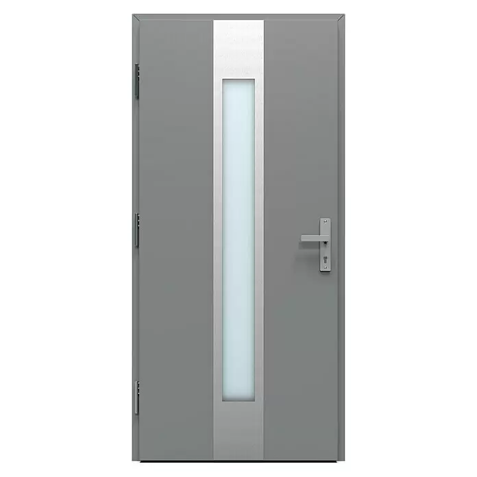 Gerda Haustür Thermo Prime 75 Hanover - 100 cm x 210 mm, DIN Anschlag: Links, Grau, Details in Edelstahl - Moderne graue Tür mit langem Milchglaseinsatz und silbernem Griff.