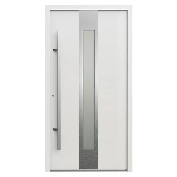 Gerda Haustür Thermo Prime 75 Hanover - 110 cm x 210 mm, DIN Anschlag: Links, Weiß, Details in Edelstahl - Moderne weiße Tür mit langem Griff aus gebürstetem Metall und vertikalem, mattiertem Glaseinsatz in Metallrahmen.