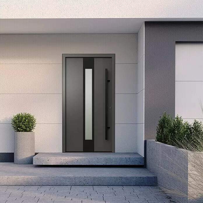 Gerda Haustür Thermo Prime 75 Hanover - 110 cm x 210 mm, DIN Anschlag: Rechts, Anthrazitgrau, Schwarze Details - Moderne dunkelgraue Haustür mit vertikalem Glaseinsatz und langem Griff, in einem zeitgenössischen Hauseingang mit Betonstufen.