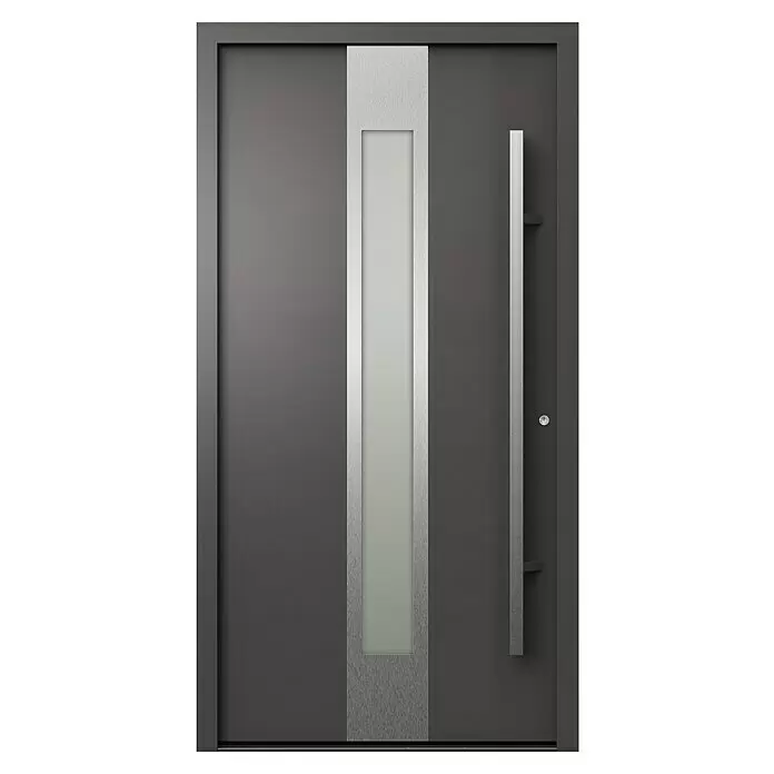 Gerda Haustür Thermo Prime 75 Hanover - 110 cm x 210 mm, DIN Anschlag: Rechts, Anthrazitgrau, Details in Edelstahl - Moderne dunkelgraue Eingangstür mit vertikalem Milchglaseinsatz und gebürstetem Metallgriff.