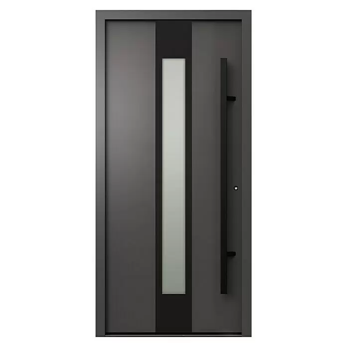 Gerda Haustür Thermo Prime 75 Hanover - 100 cm x 210 mm, DIN Anschlag: Rechts, Anthrazitgrau, Schwarze Details - Dunkelgraue moderne Eingangstür mit vertikalem Milchglaspanel und schwarzem Stangengriff.