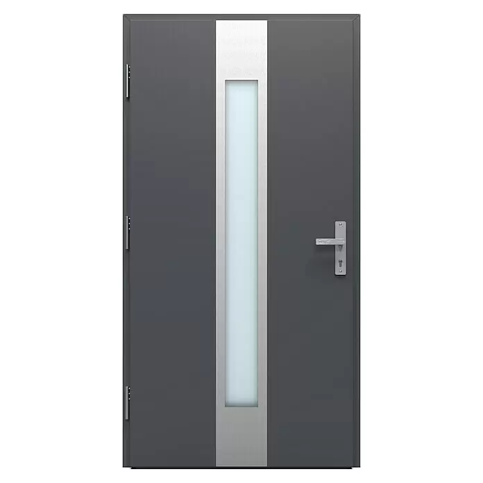 Gerda Haustür Thermo Prime 75 Hanover - 110 cm x 210 mm, DIN Anschlag: Links, Anthrazitgrau, Details in Edelstahl - Moderne anthrazitfarbene Haustür mit vertikalem gebürsteten Metallstreifen, Milchglas und silbernen Beschlägen.
