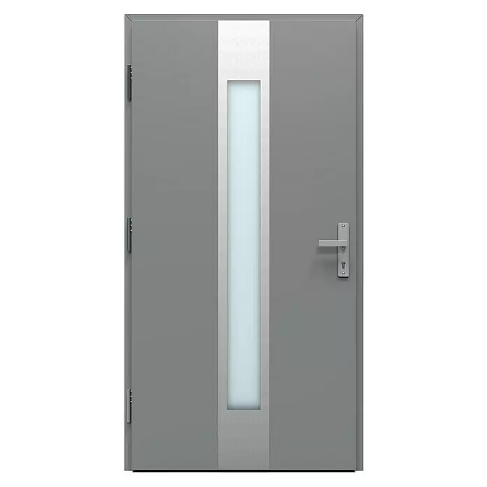 Gerda Haustür Thermo Prime 75 Hanover - 110 cm x 210 mm, DIN Anschlag: Links, Grau, Details in Edelstahl - Moderne graue Tür mit langem Milchglas-Paneel, silbernem Griff und Scharnieren.