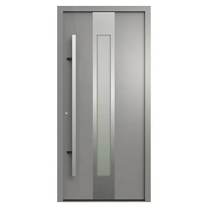 Gerda Haustür Thermo Prime 75 Hanover - 100 cm x 210 mm, DIN Anschlag: Links, Grau, Details in Edelstahl - Moderne graue Eingangstür mit langem gebürstetem Metallgriff und vertikaler Milchglasscheibe mit gebürstetem Metallrahmen.