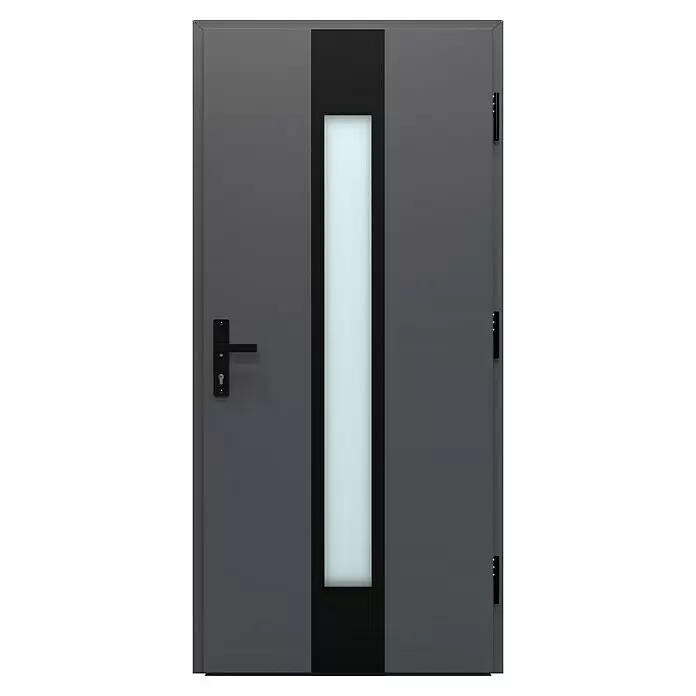 Gerda Haustür Thermo Prime 75 Hanover - 100 cm x 210 mm, DIN Anschlag: Rechts, Anthrazitgrau, Schwarze Details - Moderne dunkelgraue Tür mit vertikalem Milchglaseinsatz und schwarzen Beschlägen.
