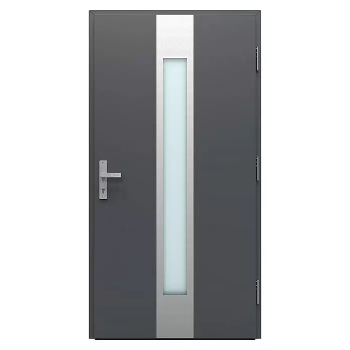 Gerda Haustür Thermo Prime 75 Hanover - 110 cm x 210 mm, DIN Anschlag: Rechts, Anthrazitgrau, Details in Edelstahl - Moderne dunkelgraue Eingangstür mit vertikaler Milchglasscheibe und silbernem Griff.