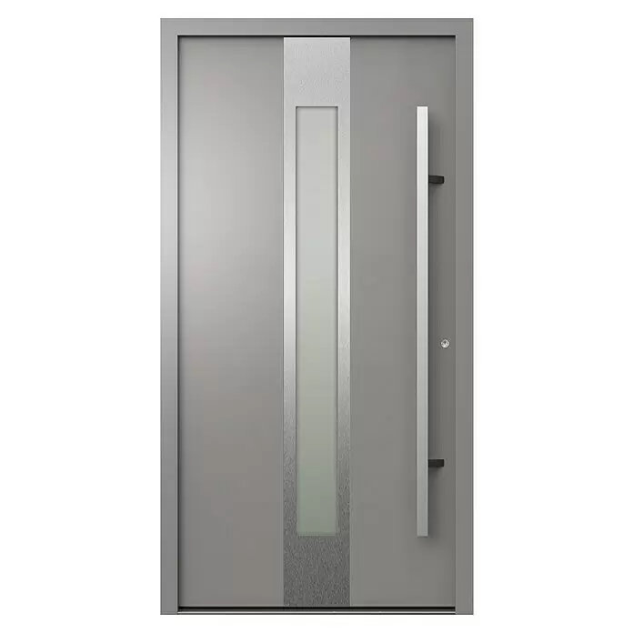 Gerda Haustür Thermo Prime 75 Hanover - 110 cm x 210 mm, DIN Anschlag: Rechts, Grau, Details in Edelstahl - Vorderansicht
