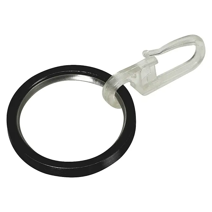 Expo Ambiente Flachring - Schwarz, Geeignet für: Gardinenstangen Ø 20 mm, 10 Stk. - Nahaufnahme eines Schlüsselanhängers mit schwarzem Ring und transparentem Clip, ideal für Schlüssel und Zubehör.
