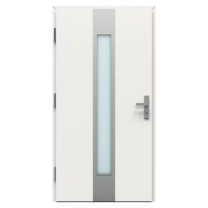 Gerda Haustür Thermo Prime 75 Hanover - 110 cm x 210 mm, DIN Anschlag: Links, Weiß, Details in Edelstahl - Weiße Tür mit mattierter Glasscheibe und silbernem Griff.