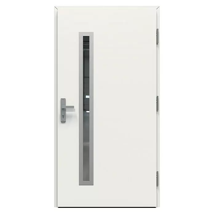 Gerda Haustür Thermo Prime 75 Rodan - 110 cm x 210 mm, DIN Anschlag: Rechts, Weiß, Details in Edelstahl - Weiße Tür mit vertikalem Glasfeld, silbernem Griff und Scharnieren.
